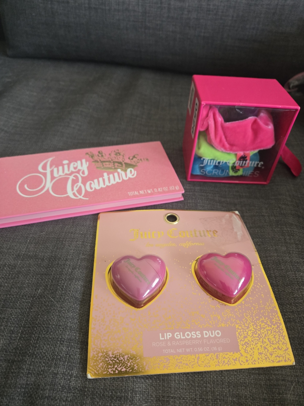 Juicy Couture Bundle With Pink Heart Lip Gloss Duo, Eyeshadow Pallet, Scrunchies